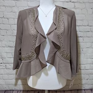 Mocha Brown Gold Beaded Ruffle Collared Peplum Top